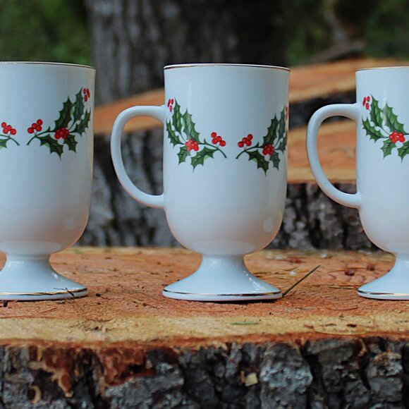 Set of Three Pedestal Mugs Kashima Trading Co. “Christmas Holly” - Picture 7 of 9